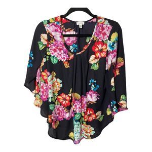Spense Black Floral Flowing Smocked Top with Split Bell Sleeves Womens Medium